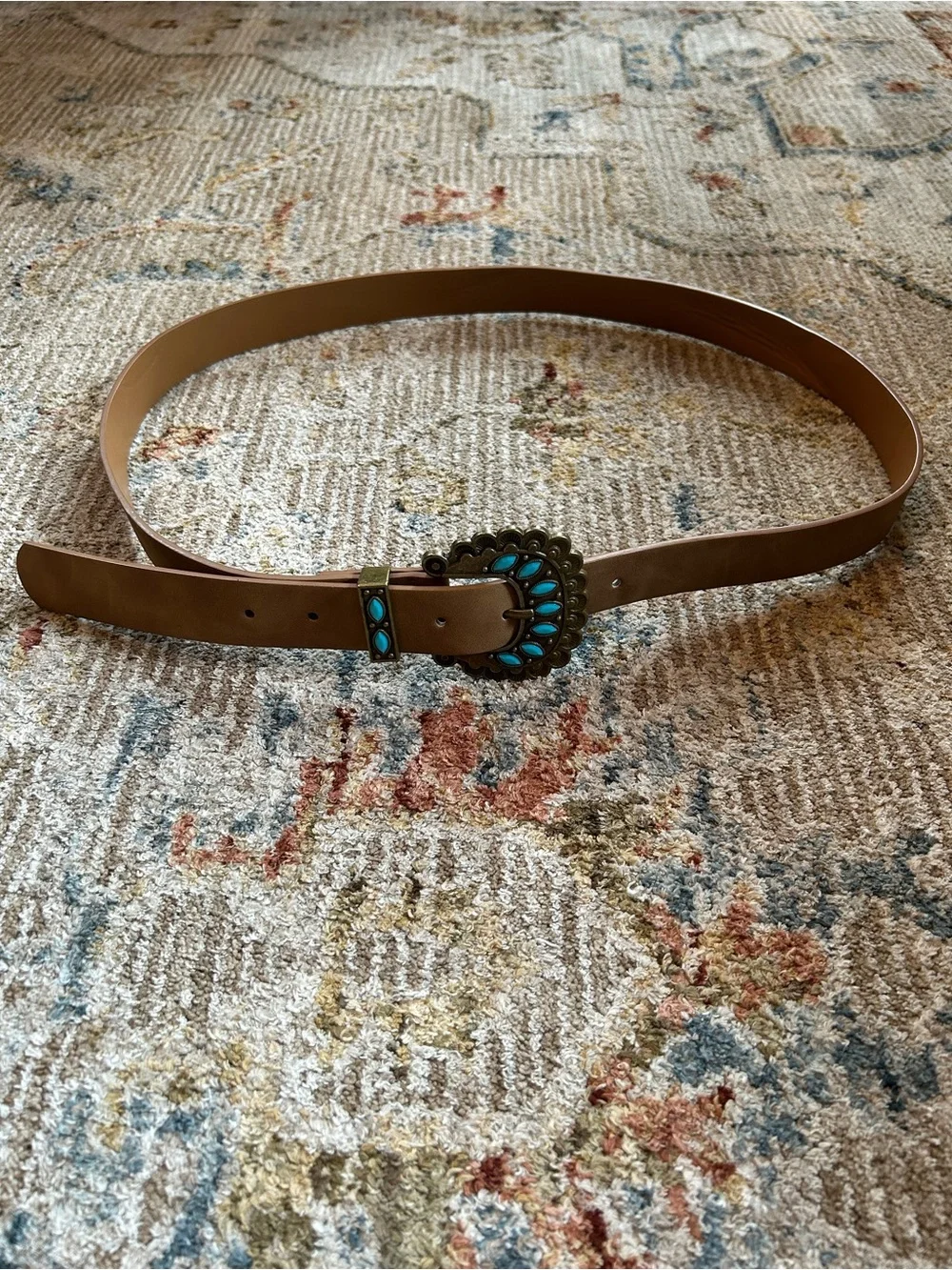 Brown Leather-Style Belt with Turquoise Accent Buckle - Women Accessories